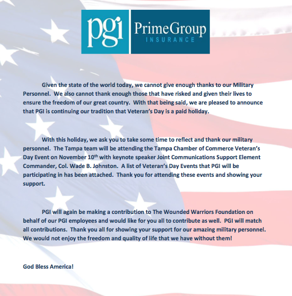 PGI Will Be Honoring Veteran’s Day PrimeGroup Insurance
